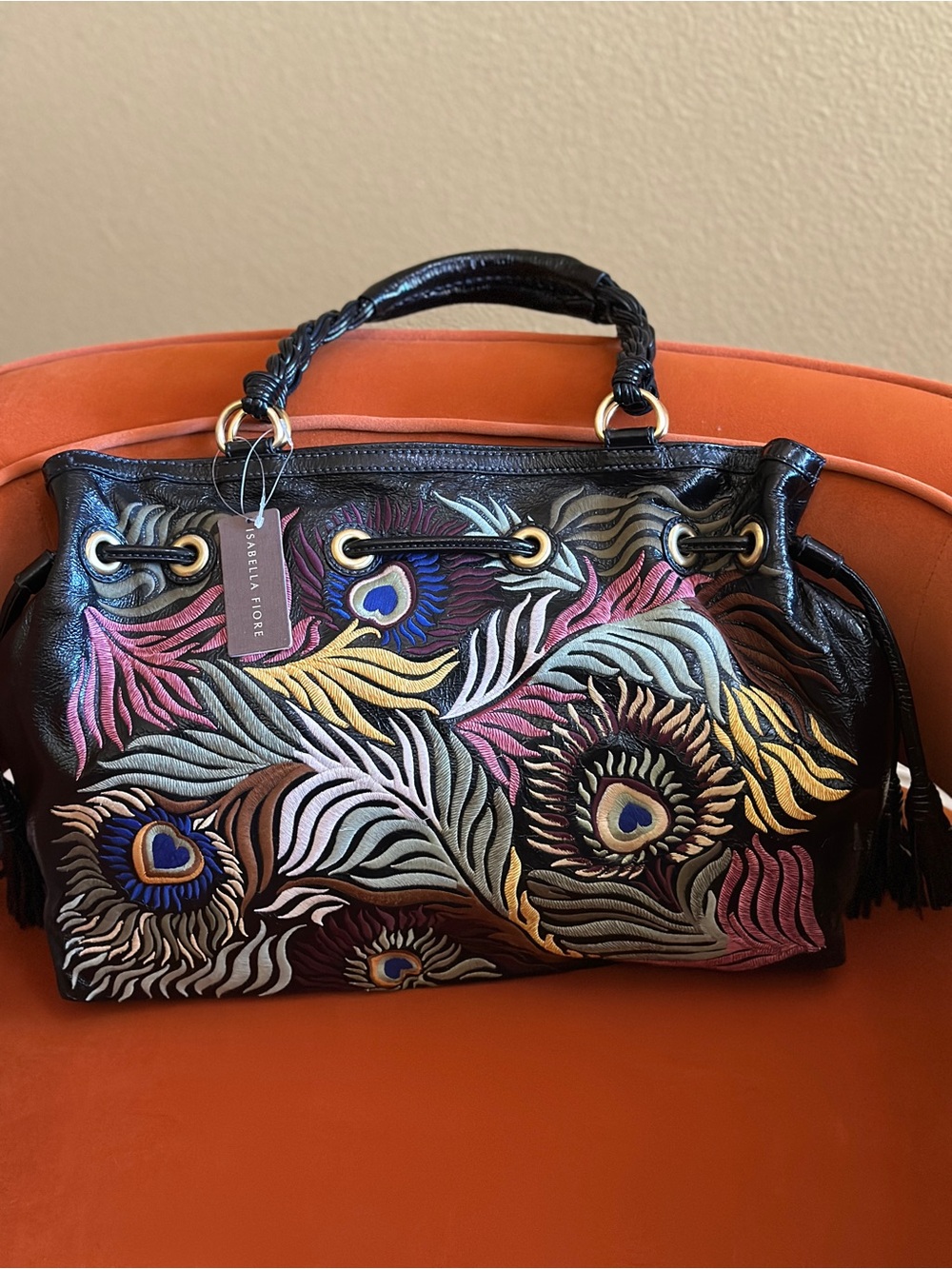 Isabella Fiore Black Leather Multicolor Embroidered Satchel